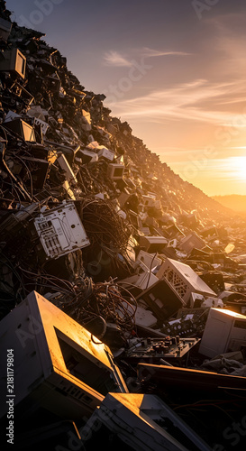 Massive Hill of Discarded Electronic Waste and Old Computer Hardware at Sunset