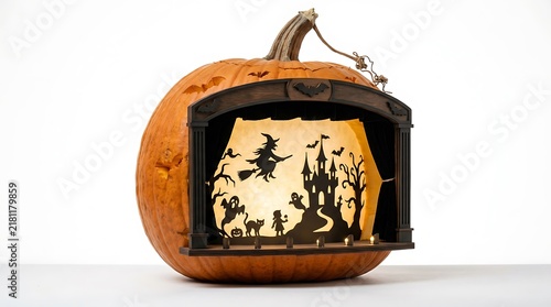 Halloween pumpkin carved as a theater stage isolated on white background