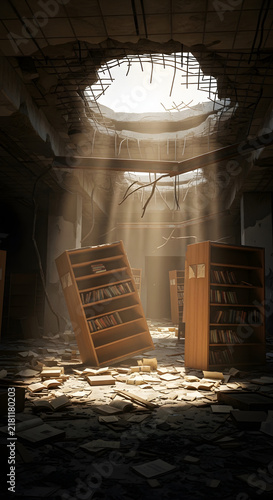 Sunlight shining through a ruined ceiling onto abandoned bookshelves in a destroyed library