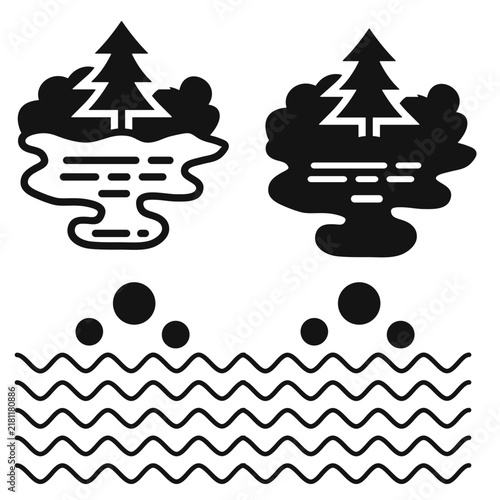 Winter pine tree landscape and decorative waves vector illustration set