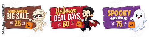 Halloween Big Sale Deal Days Spooky Savings Banners with 25 50 and 75 Percent Off, Cute Mummy Vampire Ghost Characters, Seasonal Discount Promotion Design
