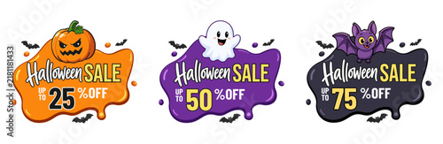 Cute Halloween sale badge collection featuring 25%, 50%, and 75% discounts with pumpkins, ghosts, and bats. Perfect for seasonal promotions, ecommerce, retail, flyers, posters, and social media market