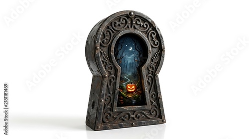 Ornate keyhole frame revealing a spooky forest scene
