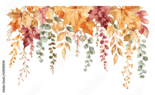 Watercolor Autumn Leaves Garland Illustration.