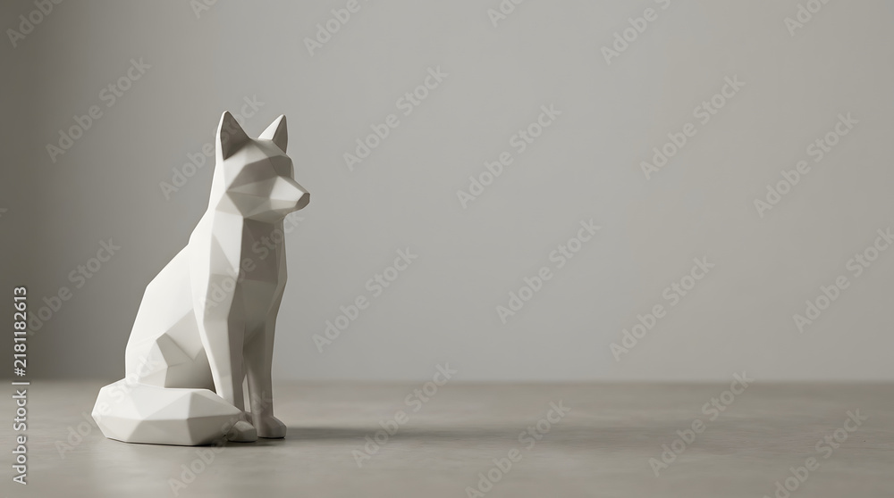 Obraz premium White fox geometric sculpture low poly minimalist modern decor copy space 3d render studio lighting gray background, white low poly fox sculpture neutral table with gray background, modern