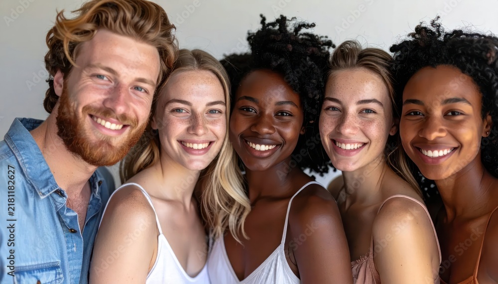 Obraz premium Group of diverse young adults smiling outdoors.