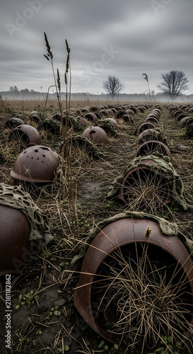 Row of rusty military helmets on an abandoned battlefield under a cloudy sky representing war memorial