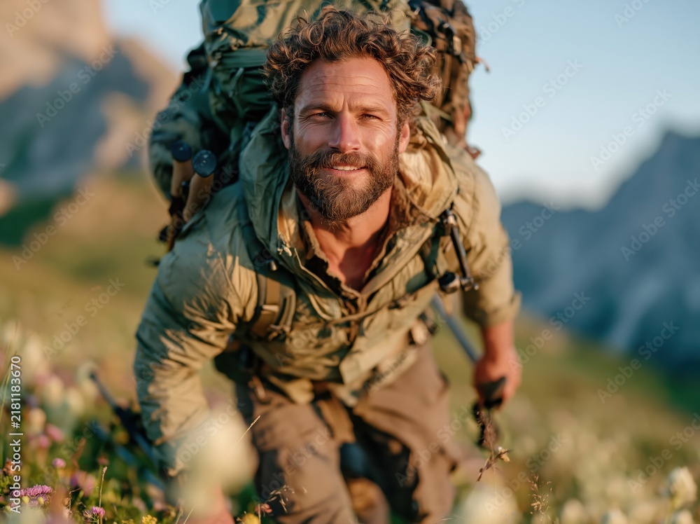 Fototapeta premium Man with backpack hiking through a field of wildflowers in the mountains