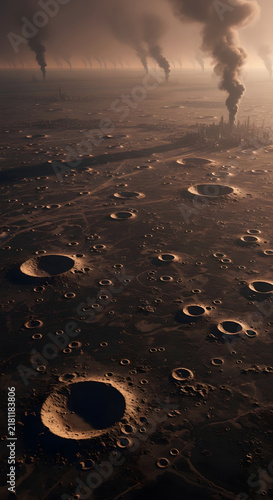 Desolate post-apocalyptic landscape with craters and smoking industrial chimneys