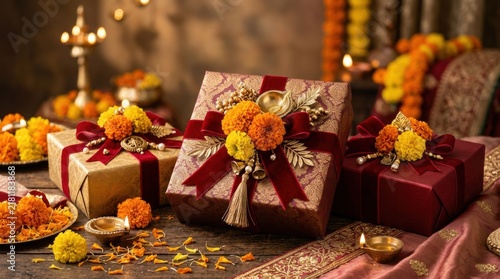 Beautifully wrapped gifts with flowers and decorations for a festive diwali celebration and joyous occasion