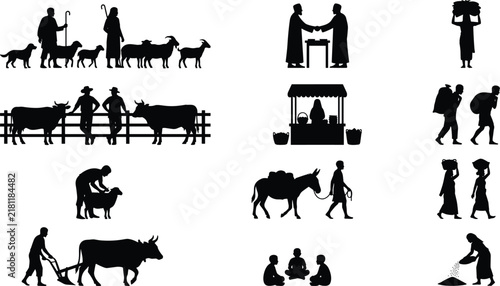 Canvas Print Vector silhouette collection of traditional rural village life farming agricultu