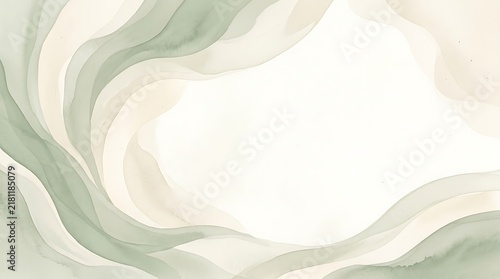 Soft watercolor abstract background with flowing organic shapes in muted green and beige tones, creating a serene and artistic design.