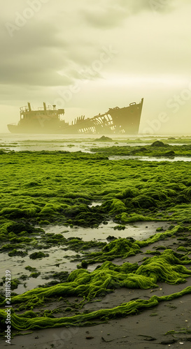 An abandoned shipwreck, a haunting silhouette, stands on a vibrant green, algae-covered coastline, shrouded in atmospheric mist, a powerful symbol of maritime decay