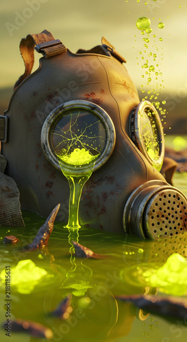 A discarded, vintage gas mask submerged in toxic, glowing green water, symbolizing environmental disaster and decay