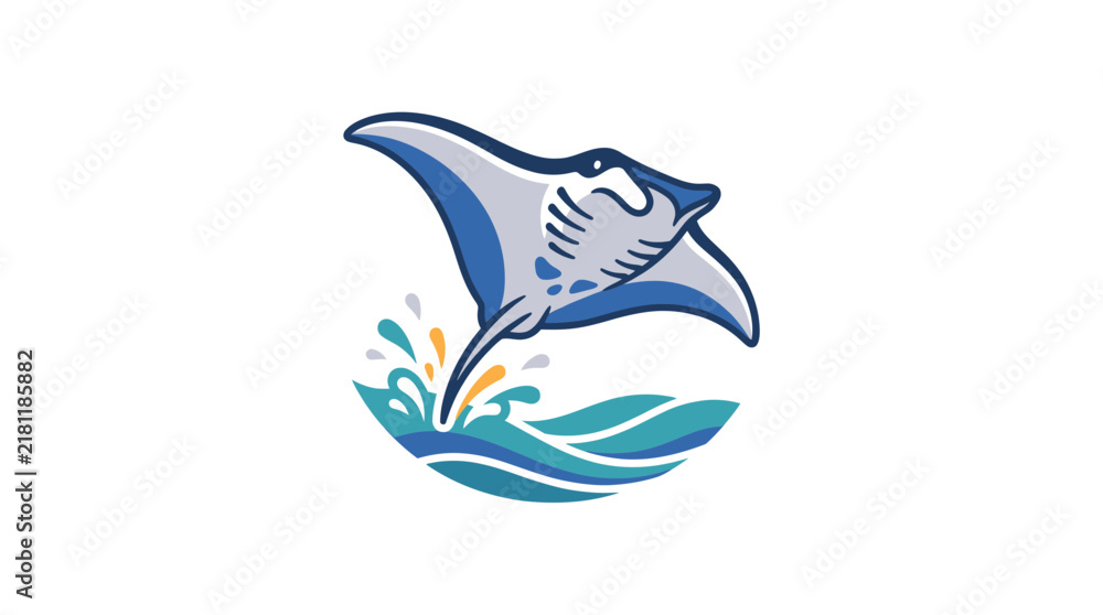 Fototapeta premium Manta ray jumping from ocean waves illustration.