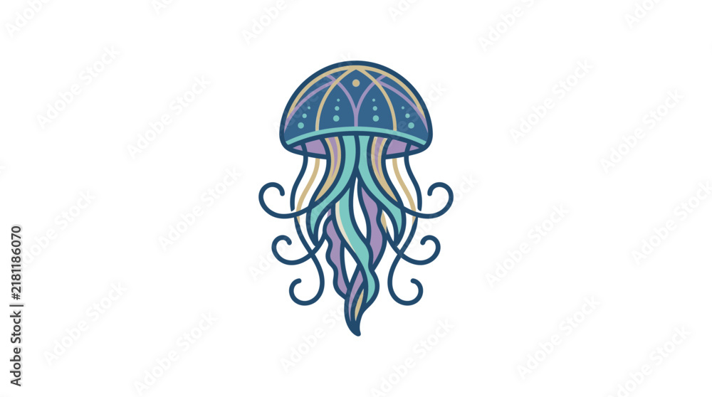 Fototapeta premium Patterned blue jellyfish icon with curled tentacles.