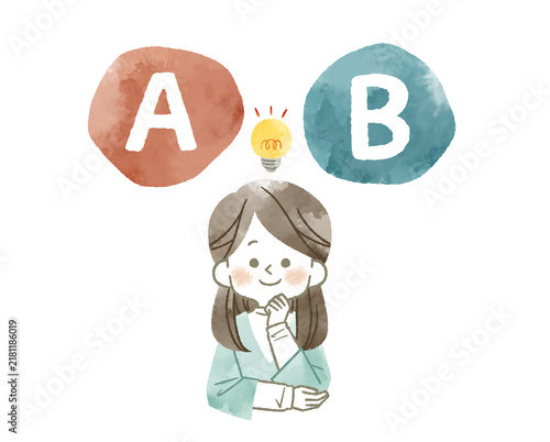 AとBの選択肢を比較をしている女性-水彩
