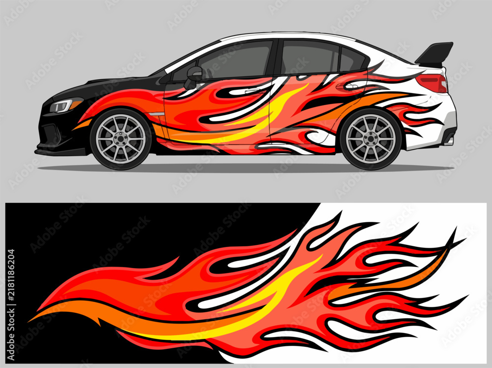 Naklejka premium White car with vibrant flame decal design.