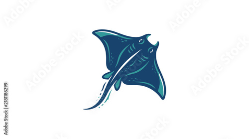 Stylized blue stingray swimming on white background.
