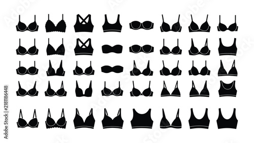 Collection of sixteen diverse bra silhouettes arranged in grid on white background, showcasing fashion lingerie styles including sports, strapless, balconette, push‑up, and bralette designs