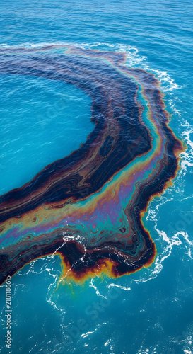 Aerial view of an extensive dark oil slick spreading across the vibrant blue ocean surface creating a harmful environmental pollution hazard