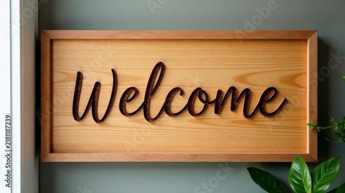A Warm Wooden Welcome Sign with Elegant Script Lettering for Home Decor