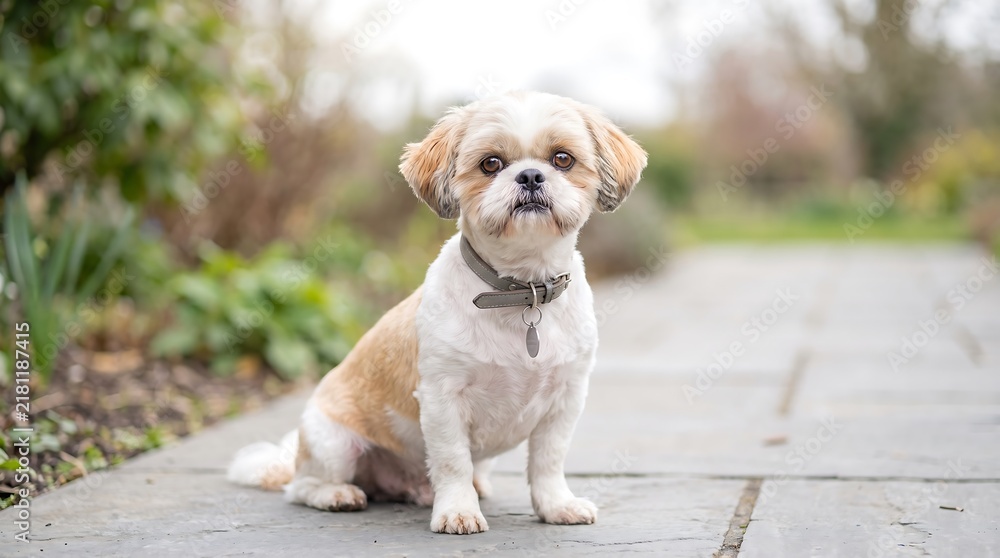 Obraz premium A shih tzu dog sits attentively on a stone pathway amidst blurred greenery