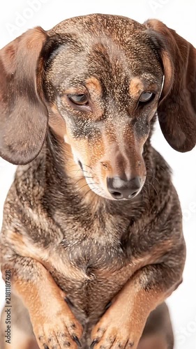 Close-up portrait of a dachshund appearing peaceful, soft eyes, relaxed ears, closed mouth, and an endearing gesture of raising its front leg, white isolated background