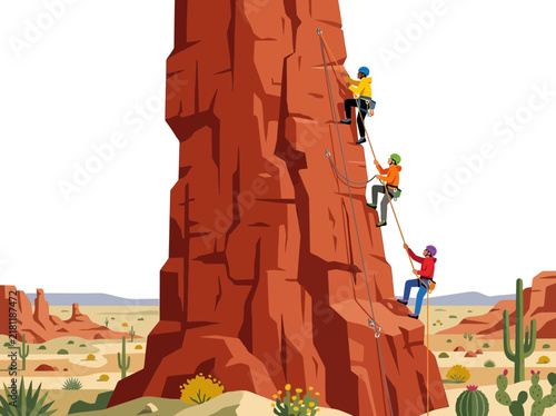 Rock climbers ascending desert mesa, adventure scene
