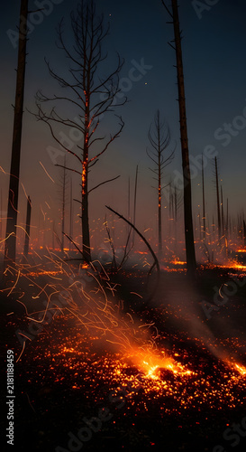 Devastating Wildfire Burning Through Pine Forest Landscape at Night with Glowing Embers and Charred Trees