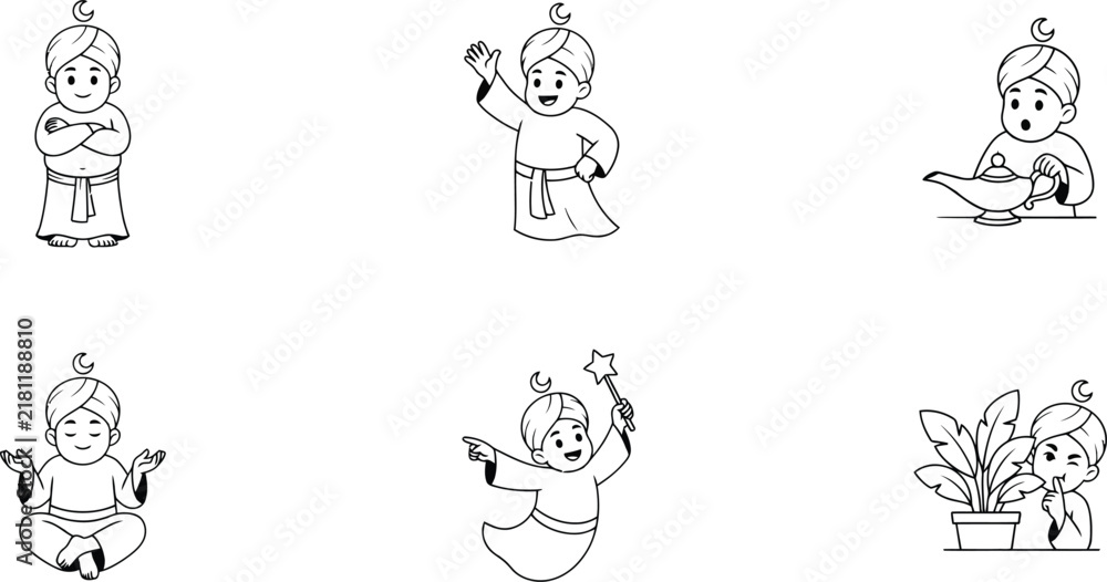Fototapeta premium Cartoon genie character set, 6 black and white line art illustrations, cute magical spirit boy in turban, coloring book style vector