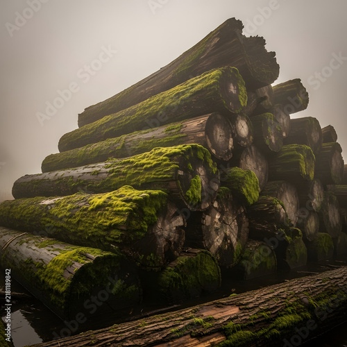 Misty Forest with a Pile of Moss-Covered Logs, Evoking a Sense of Nature's Persistence and Decay