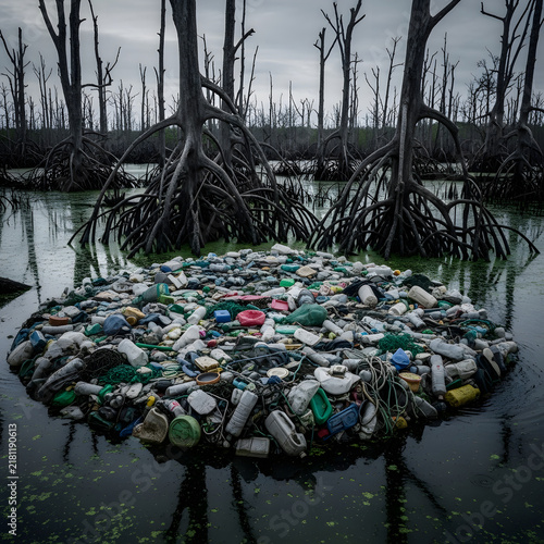 Plastic Waste Pollution in a Dead Forest Swamp Highlighting Ecological Disaster and Environmental Crisis