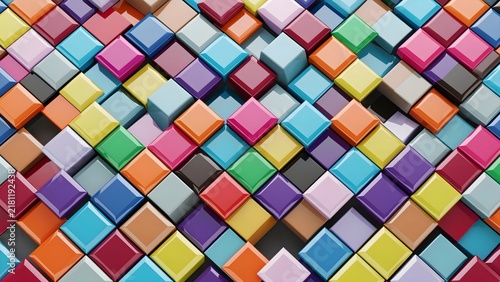 Abstract background of colorful glossy 3D cubes arranged in a geometric mosaic pattern.