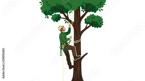 Professional arborist climbing a large tree in the wilderness forest vector illustration featuring safety gear and rope work