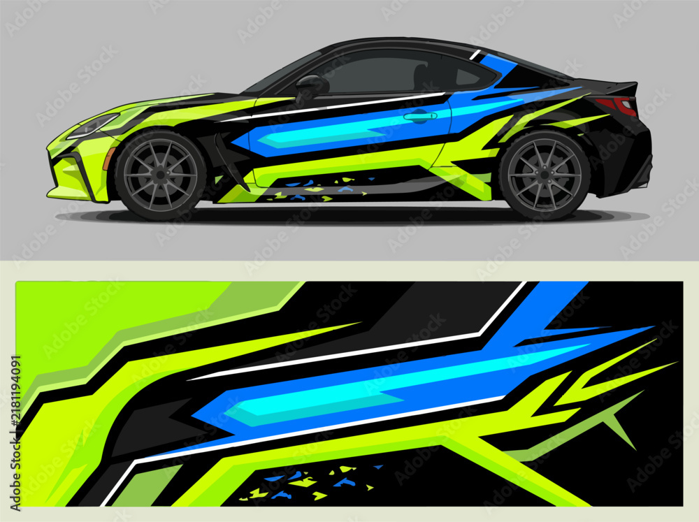 Fototapeta premium Futuristic sports car with neon racing decals and sleek design.