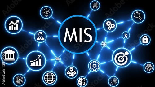 Pay per click MIS marketing concept animation with neon technology icons 4k video animation
