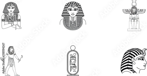 Egyptian symbols collection, ancient pharaoh and hieroglyphs icons set, archeology illustrations with sarcophagus and deities, black and white vintage line art for history and culture design