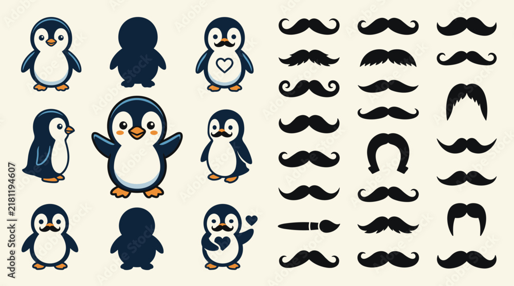 Obraz premium Vector set of cute penguin characters and various black mustache icons. Includes silhouettes, hearts, and different penguin poses for creative illustration and design.