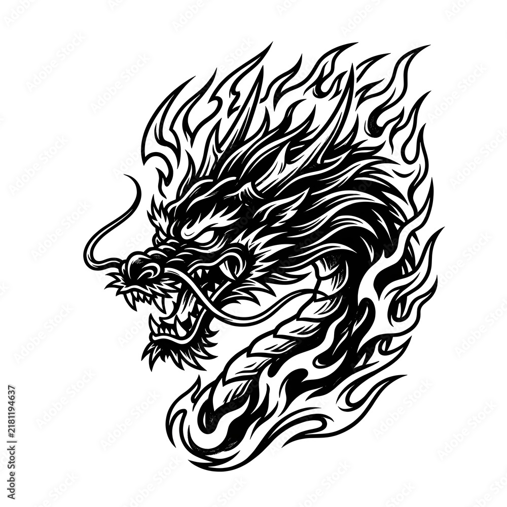 Obraz premium Black and white illustration of a fierce dragon head surrounded by stylized tribal flames.