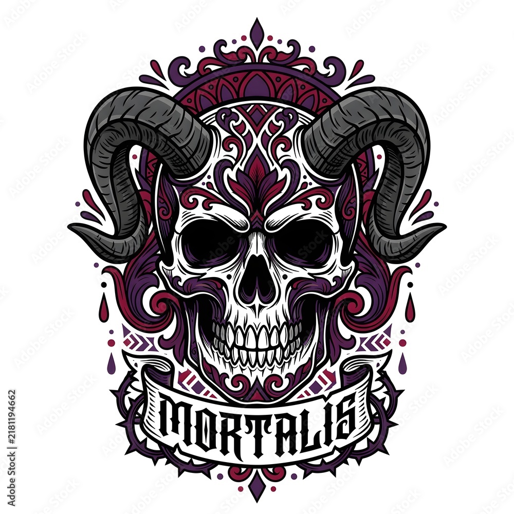 Fototapeta premium Ornate horned skull illustration with gothic floral patterns and decorative banner design.