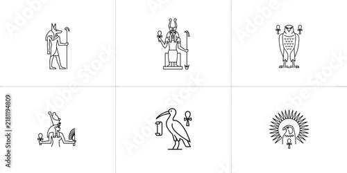 Egyptian god line art collection, Ancient deities vector set, Thoth and Horus mythical symbols, Minimalist mythology outline illustration for travel design