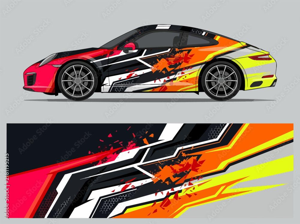 Naklejka premium Colorful sports car with dynamic racing decal design.