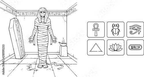 Coloring page with ancient Egyptian mummy standing in tomb room, sarcophagus, hieroglyph hieroglyphics and artifacts set, educational creative printable outline