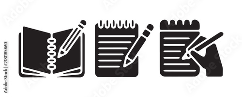 Spiral notepad and pencil icon collection for school student activities and corporate office tasks.