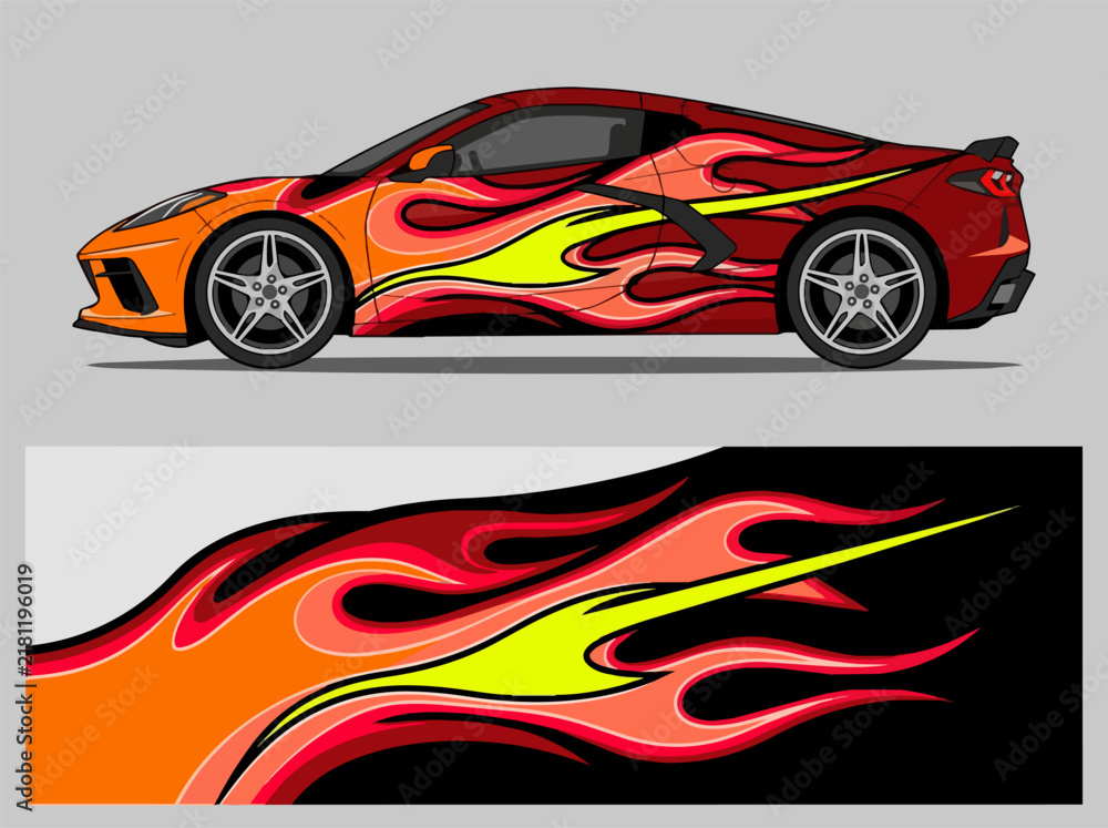 Naklejka premium Vibrant flame decal on sleek sports car design.