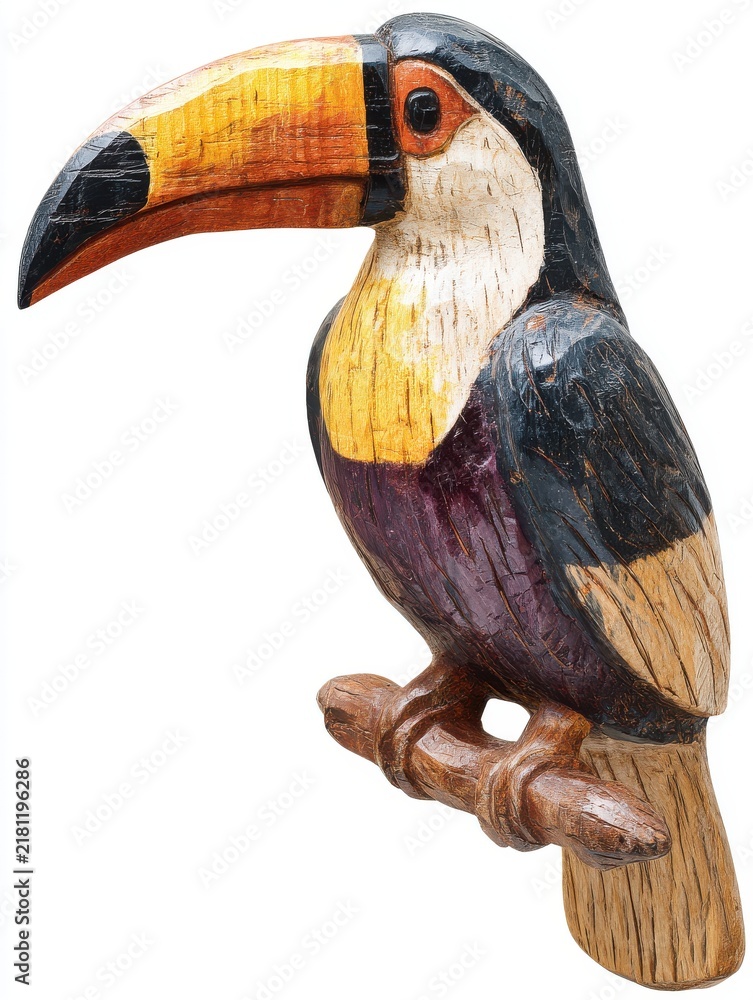 Obraz premium Detailed Carved Wooden Toucan Sculpture Isolated On Plain White Background For Nature Decor