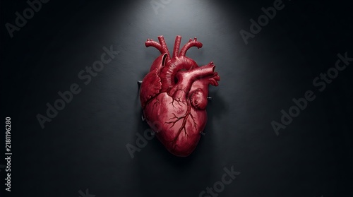Detailed artistic illustration of a human anatomical heart in deep red tones, isolated against a dramatic dark background with moody lighting and realistic textures.