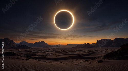 Ring of Fire Solar Eclipse Over Desert Landscape