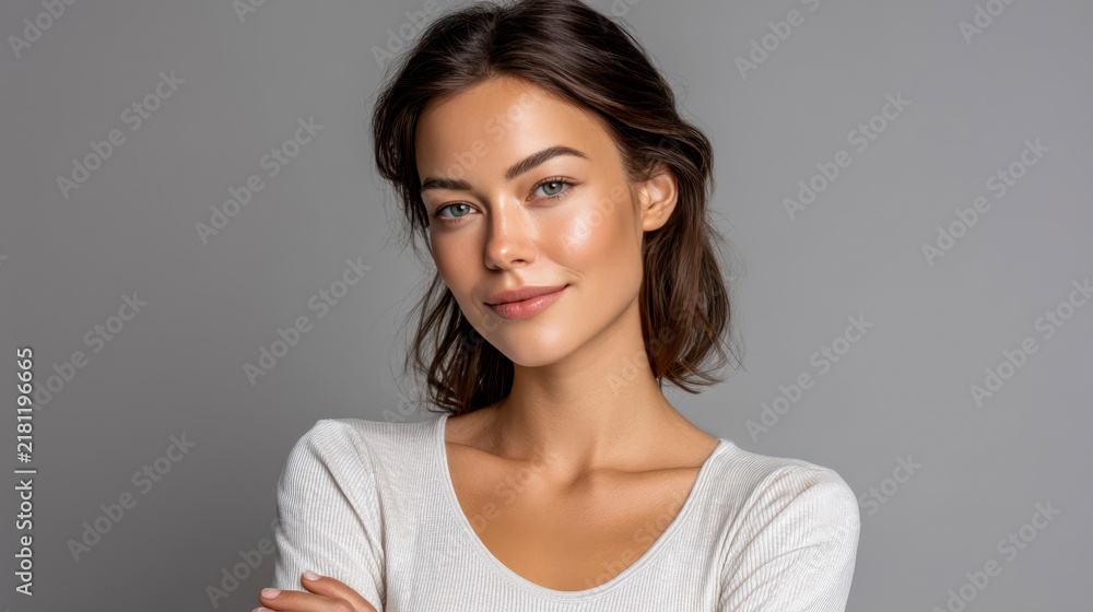 Fototapeta premium Confident modern portrait of a young woman in a light sweater with a plain background